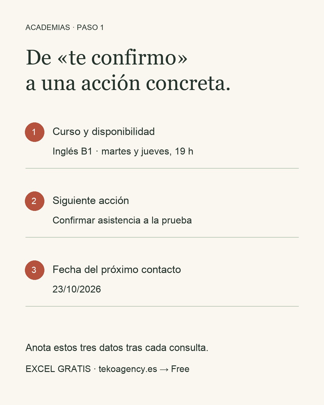 Tres datos para dar seguimiento a una consulta: curso y horario, siguiente acción y fecha