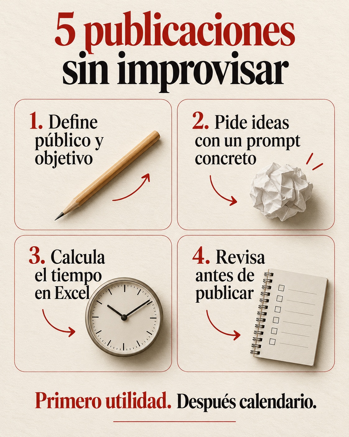 Cuatro pasos: definir público, pedir ideas, calcular tiempo en Excel y revisar antes de publicar