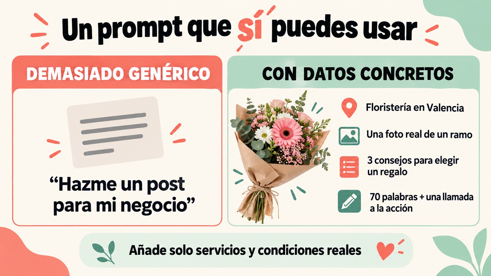 Comparación entre una petición genérica y un prompt con sector, foto real, consejo y formato de salida