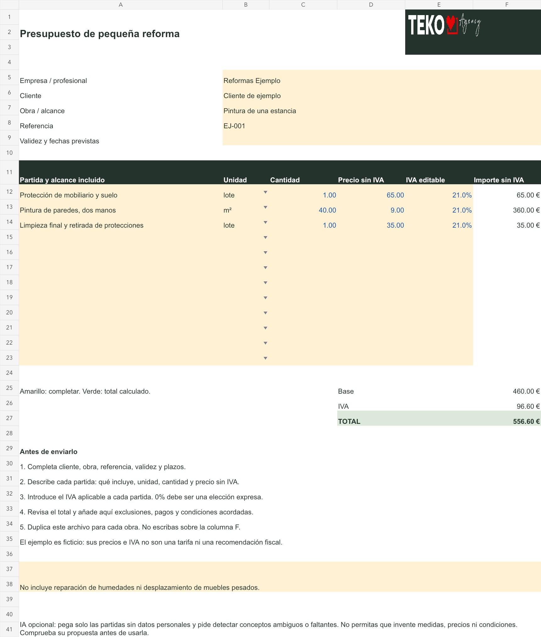 Ejemplo cumplimentado del Excel de reformas: base de 460 euros y total ficticio de 556,60 euros