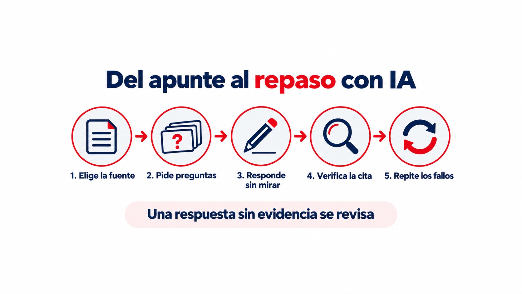 Cinco pasos para repasar con IA: elegir una fuente, pedir preguntas, responder sin mirar, verificar la cita y repetir los fallos