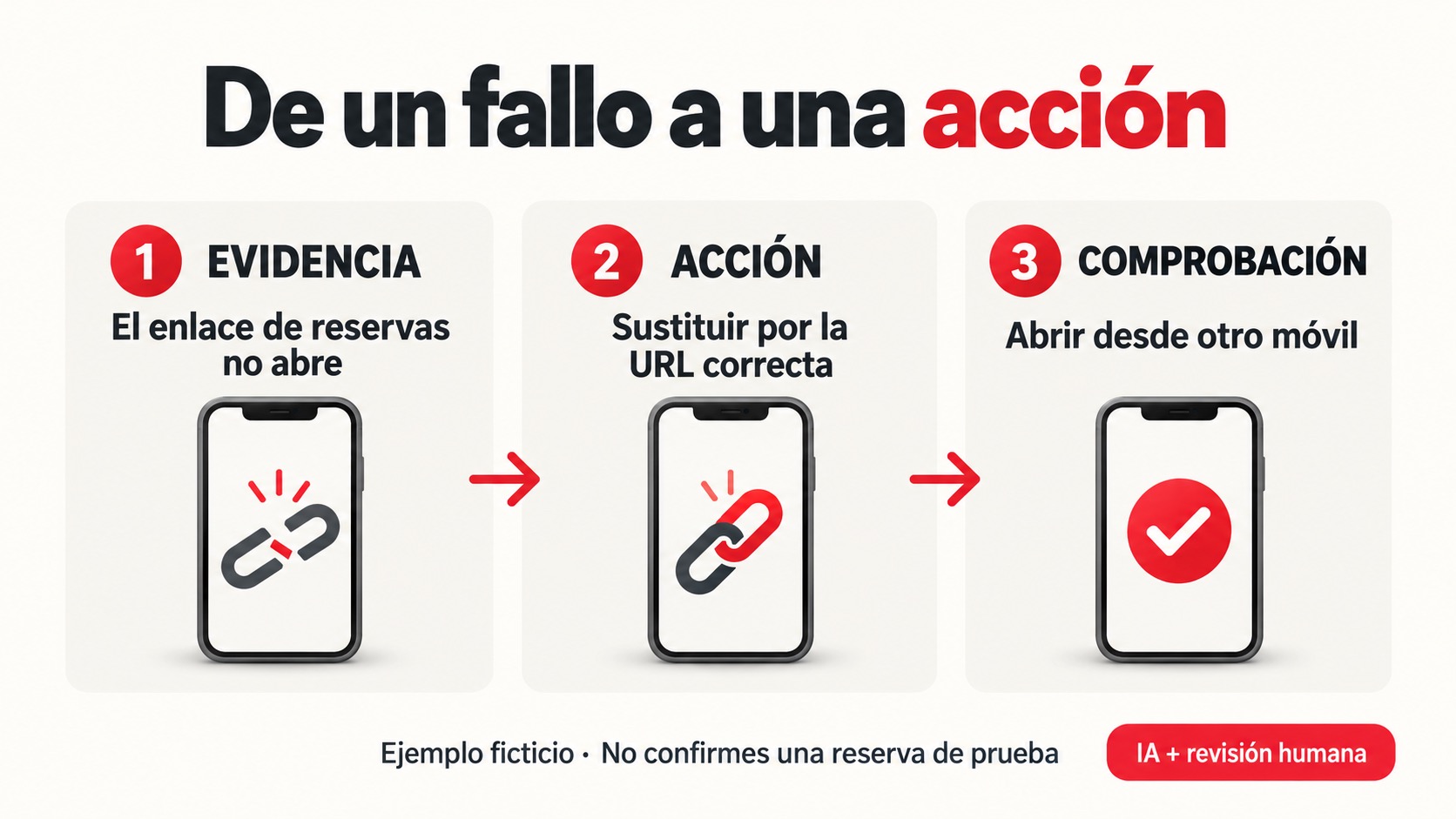 Ejemplo de enlace de reservas roto, sustitución por URL correcta y prueba desde otro móvil