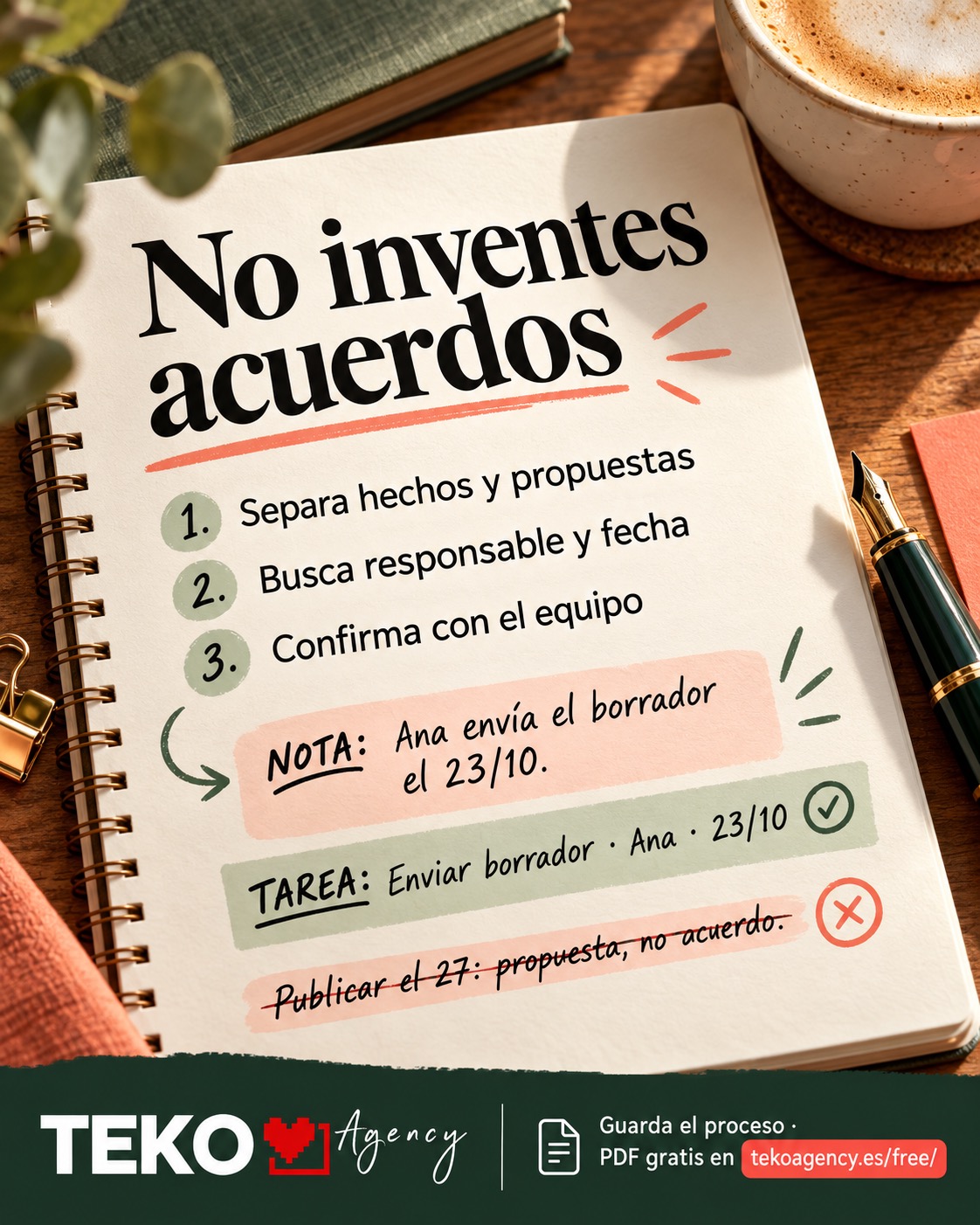 Tres pasos para separar hechos y propuestas, buscar responsable y fecha y confirmar las tareas con el equipo