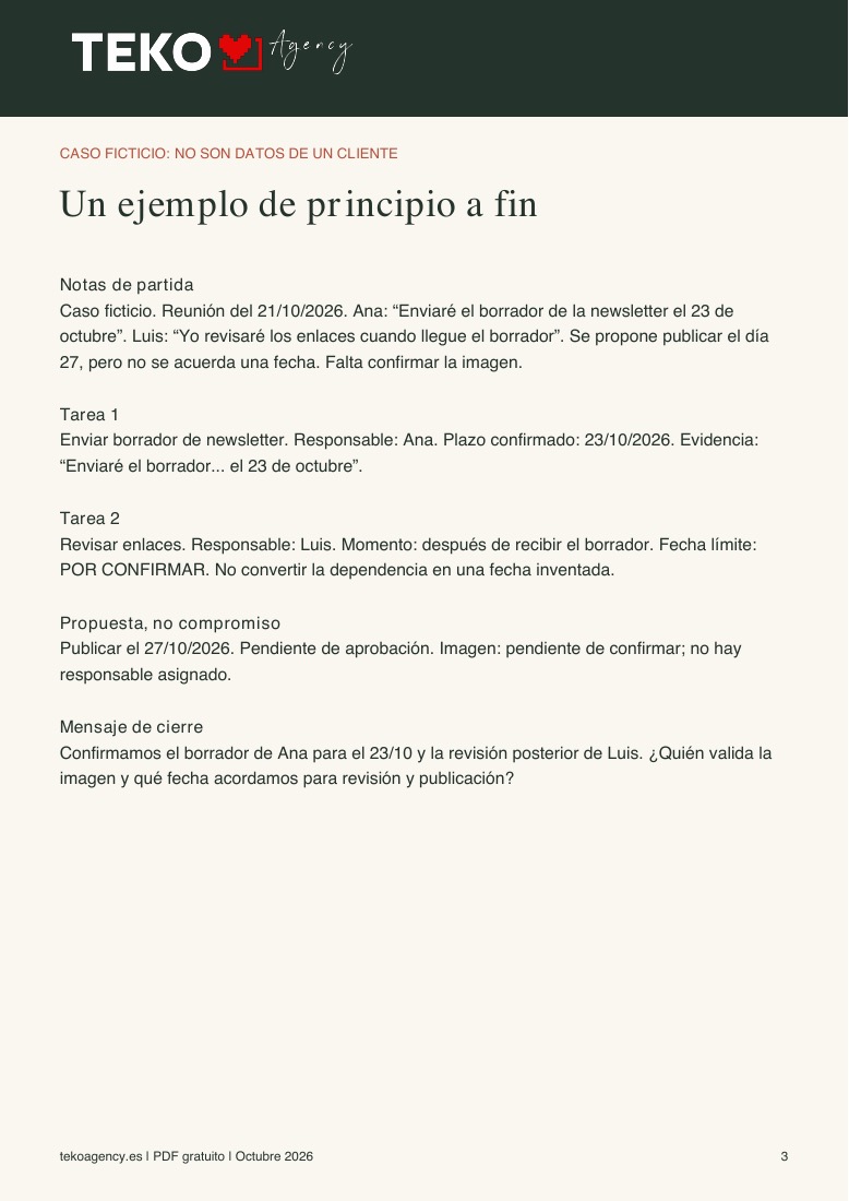 Ejemplo cumplimentado del PDF de TEKO con notas de reunión, acciones confirmadas y cuestiones pendientes