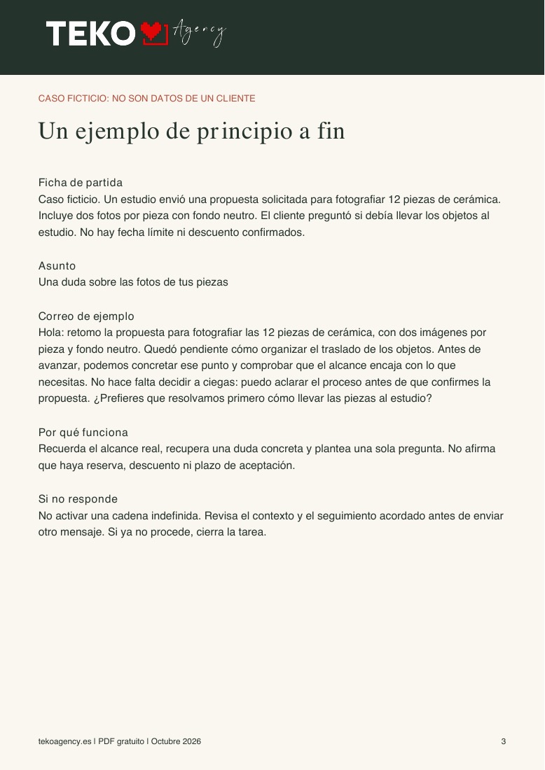 Ejemplo del PDF de TEKO: propuesta de fotografía de cerámica y correo de seguimiento con una pregunta concreta