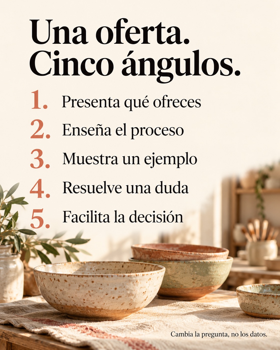 Cinco ángulos para una oferta: presentar, enseñar, mostrar, resolver y facilitar