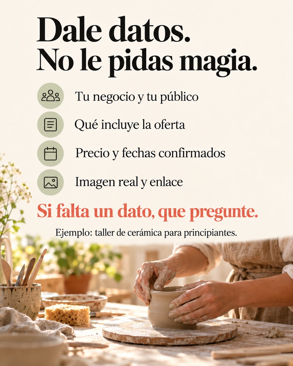 Datos que necesita el prompt: negocio, oferta, condiciones confirmadas, imagen y enlace
