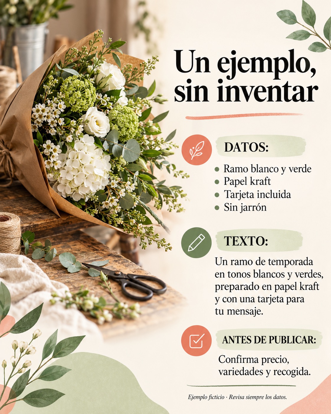 Ejemplo ficticio de ramo: datos, descripción y comprobaciones antes de publicar