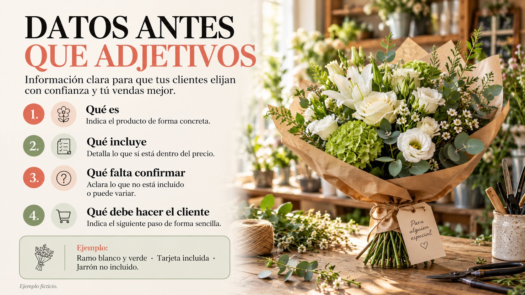 Cuatro pasos: qué es el producto, qué incluye, qué falta confirmar y qué debe hacer el cliente